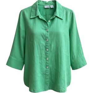 Kim Rogers Signature Women Green 100% Linen Button Down 3/4 Sleeve Shirt Size M